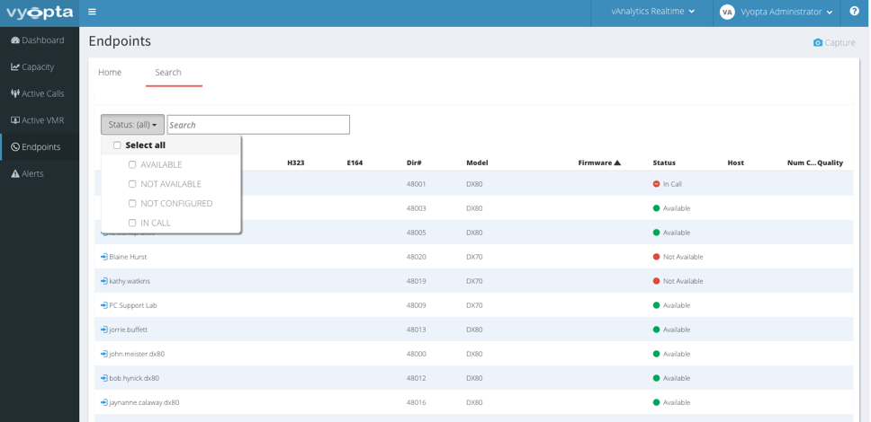 vAnalytics Video, Endpoint Search Sample Image